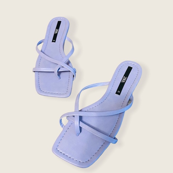 Zara Flat Strappy Sandals Block Square Toe Lilac Lavender Purple 39 EU Women’s